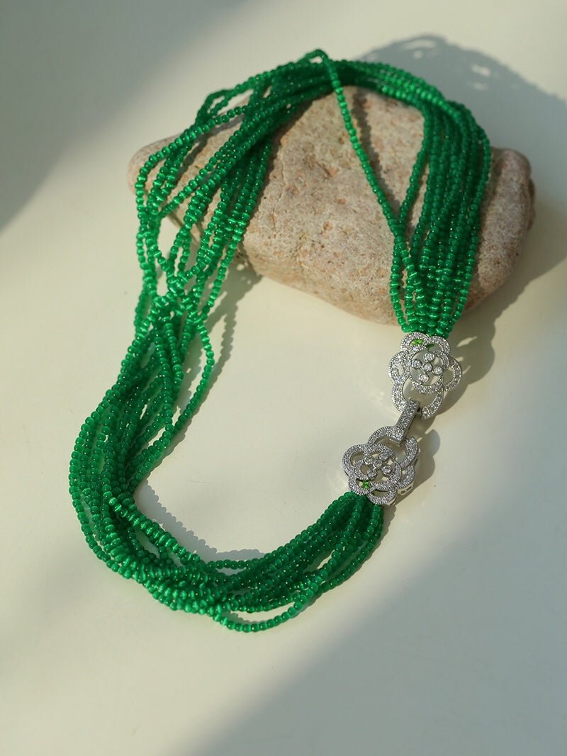Camellia Clasp Multi - Layered Green Cat's Eye Necklace - floysun