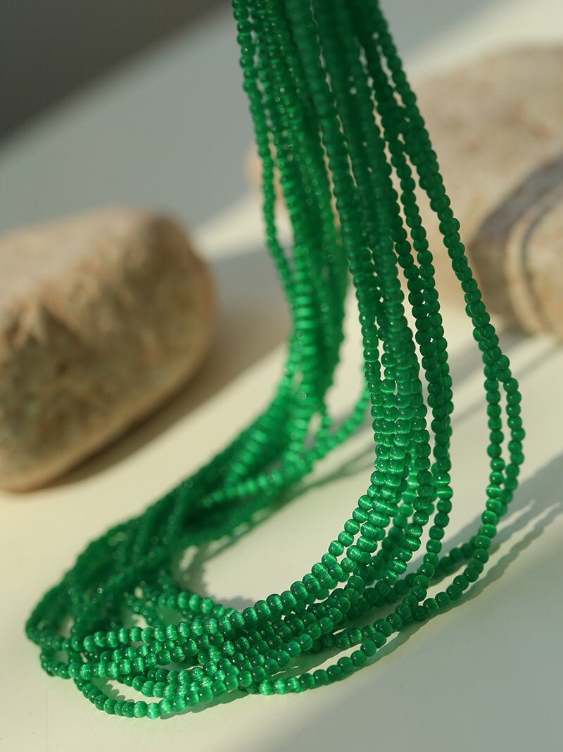 Camellia Clasp Multi - Layered Green Cat's Eye Necklace - floysun