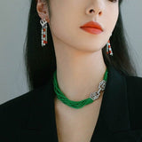 Camellia Clasp Multi-Layered Green Cat's Eye Necklace - floysun