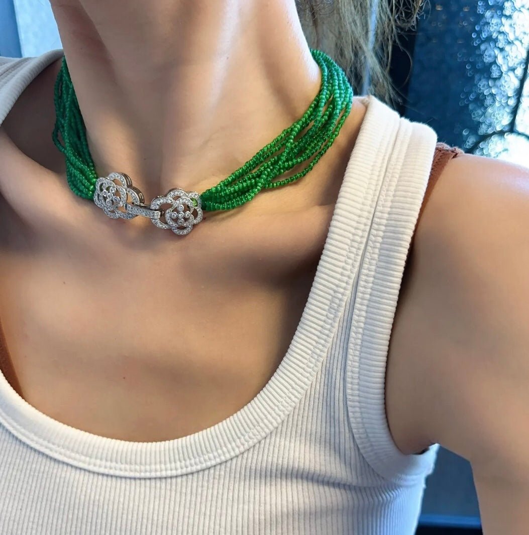 Camellia Clasp Multi-Layered Green Cat's Eye Necklace - floysun