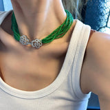 Camellia Clasp Multi-Layered Green Cat's Eye Necklace - floysun