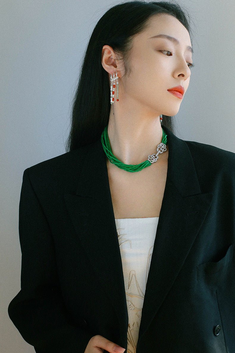 Camellia Clasp Multi-Layered Green Cat's Eye Necklace - floysun