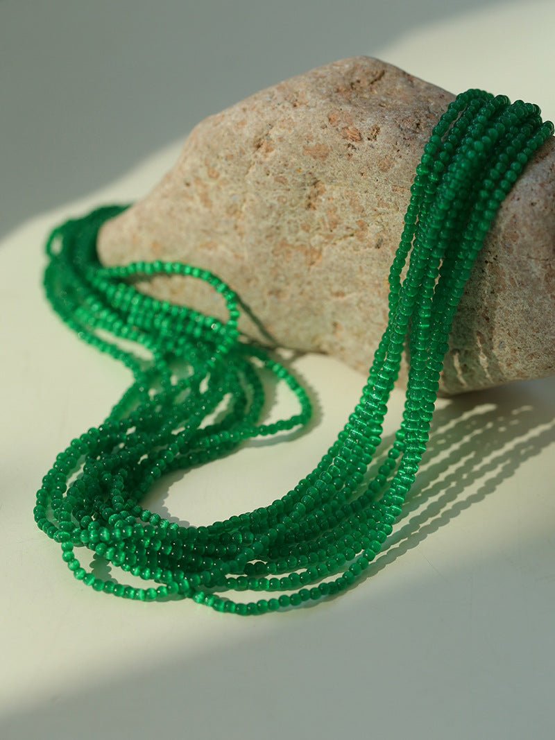 Camellia Clasp Multi-Layered Green Cat's Eye Necklace - floysun
