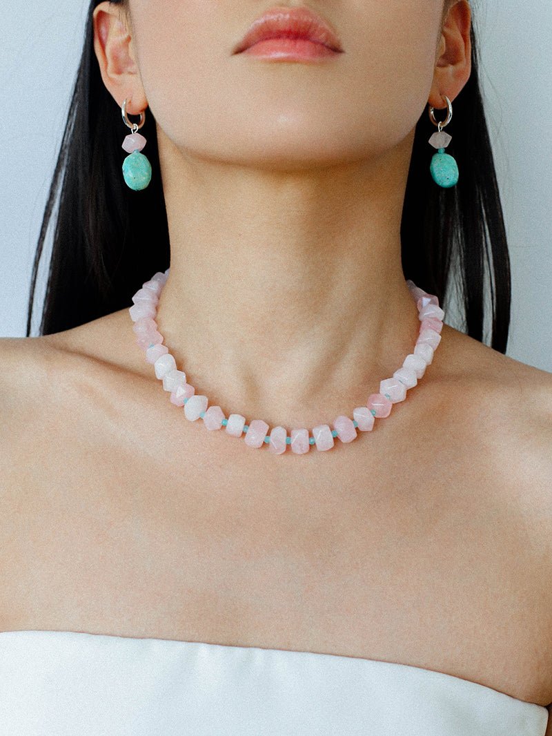 Candy - Colored Faceted Rose Quartz & Amazonite Beaded Necklace - floysun