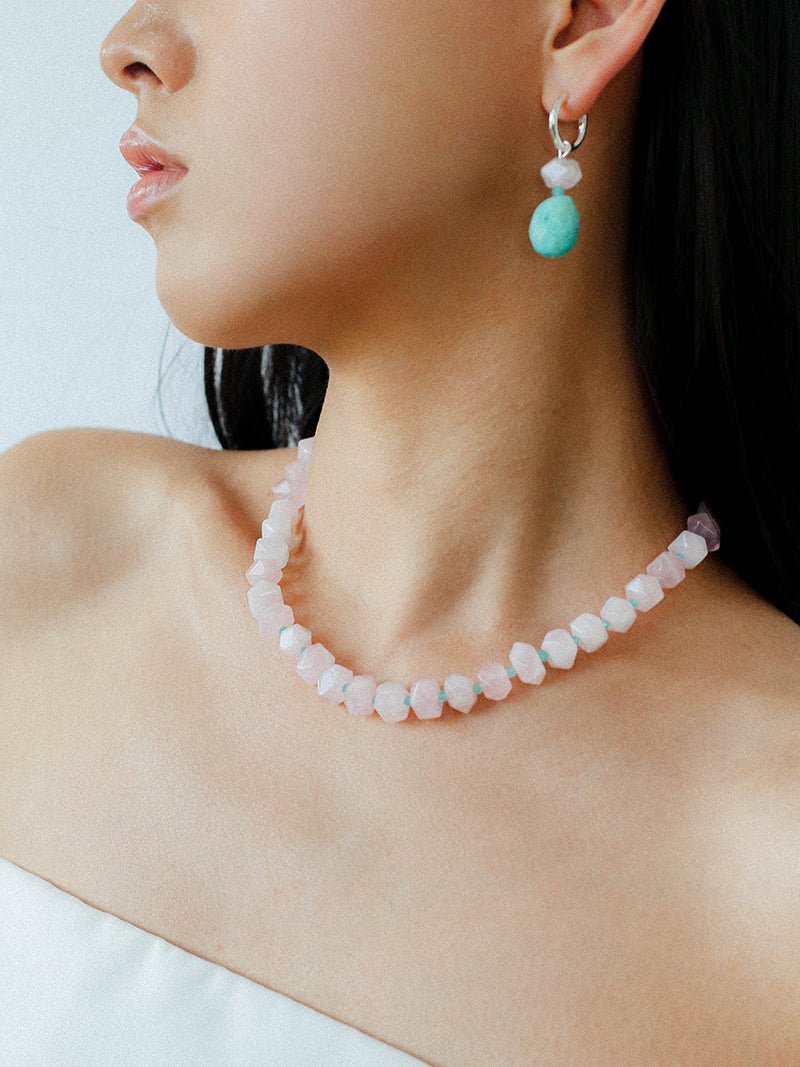 Candy - Colored Faceted Rose Quartz & Amazonite Beaded Necklace - floysun