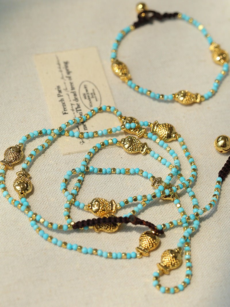 Carp Drift – Blue Turquoise Beaded Necklace with Golden Fish & Bell Clasp - floysun