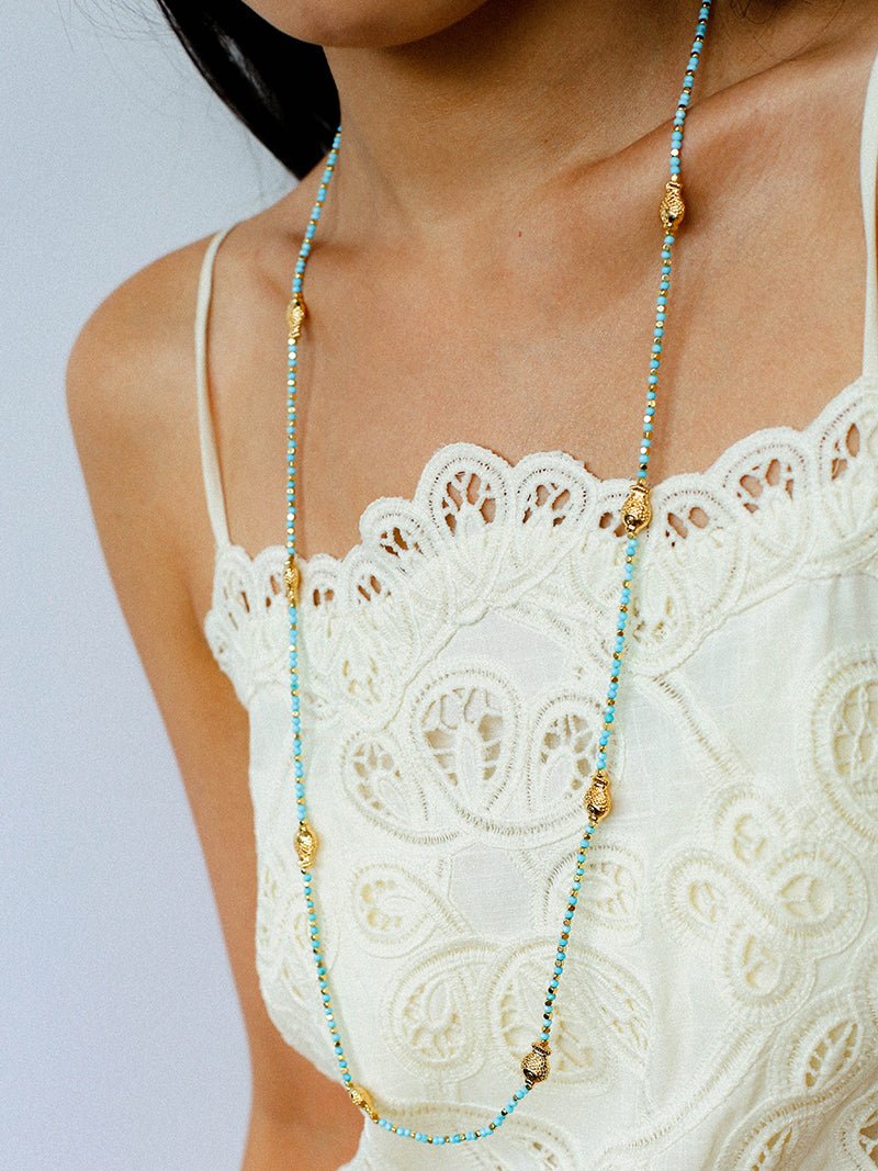 Carp Drift – Blue Turquoise Beaded Necklace with Golden Fish & Bell Clasp - floysun