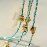 Carp Drift – Blue Turquoise Beaded Necklace with Golden Fish & Bell Clasp - floysun