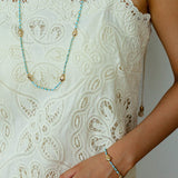 Carp Drift – Blue Turquoise Beaded Necklace with Golden Fish & Bell Clasp - floysun