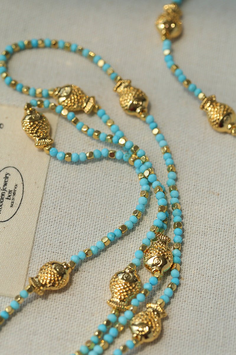 Carp Drift – Blue Turquoise Beaded Necklace with Golden Fish & Bell Clasp - floysun