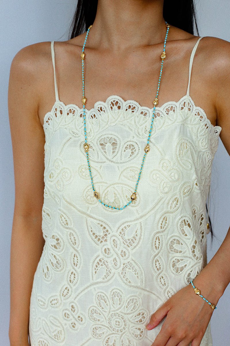 Carp Drift – Blue Turquoise Beaded Necklace with Golden Fish & Bell Clasp - floysun