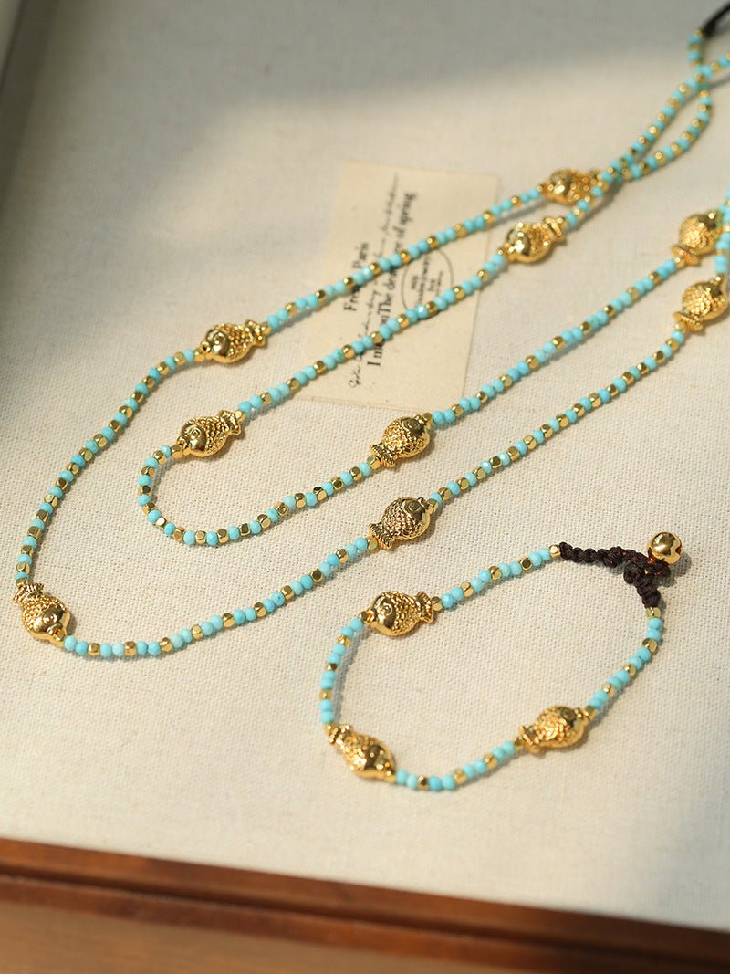 Carp Drift – Blue Turquoise Beaded Necklace with Golden Fish & Bell Clasp - floysun
