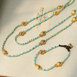 Carp Drift – Blue Turquoise Beaded Necklace with Golden Fish & Bell Clasp - floysun