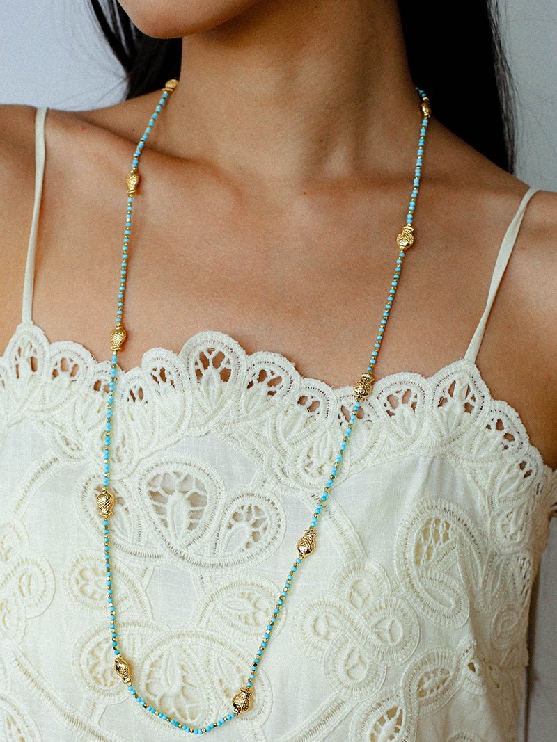 Carp Drift – Blue Turquoise Beaded Necklace with Golden Fish & Bell Clasp - floysun