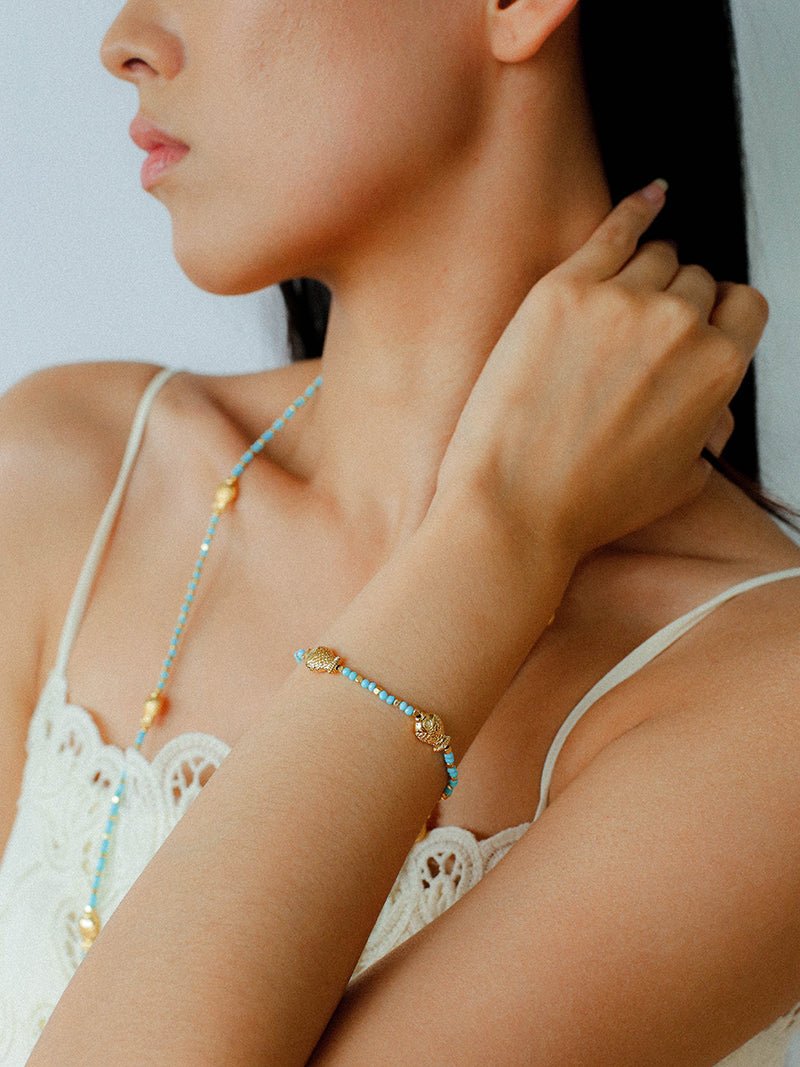 Carp Drift – Blue Turquoise & Golden Koi Beaded Bracelet with Bell Clasp - floysun