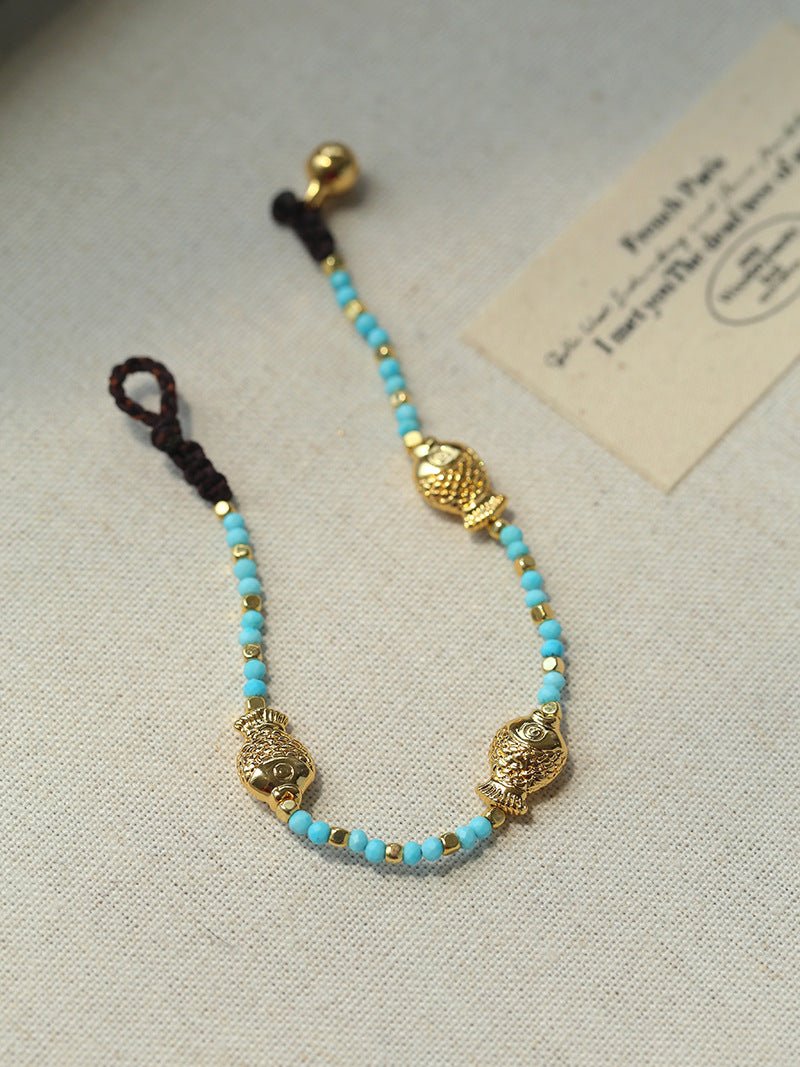 Carp Drift – Blue Turquoise & Golden Koi Beaded Bracelet with Bell Clasp - floysun