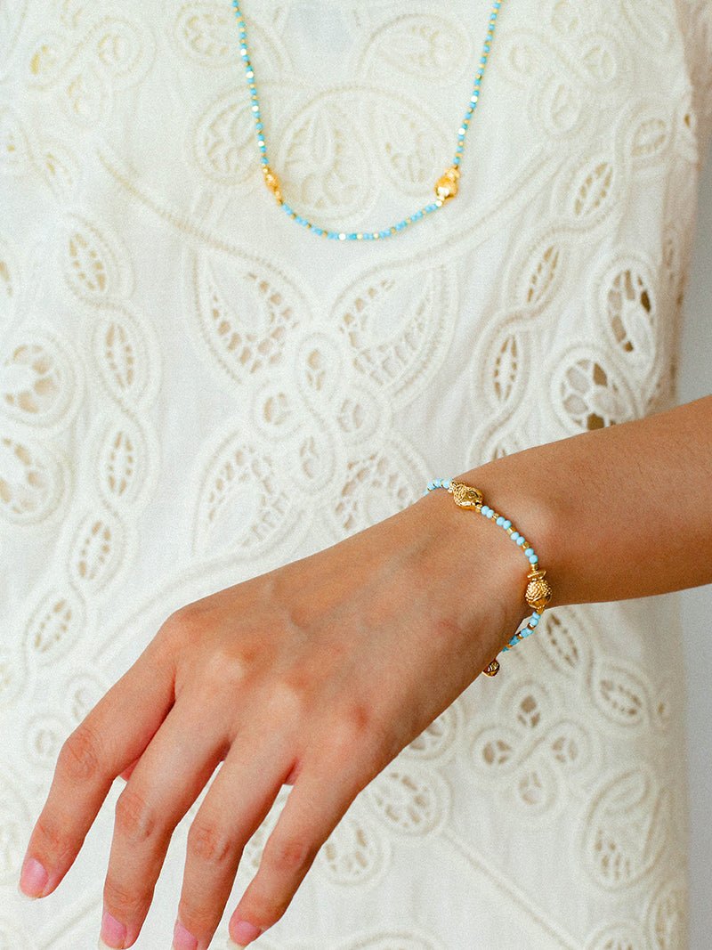 Carp Drift – Blue Turquoise & Golden Koi Beaded Bracelet with Bell Clasp - floysun