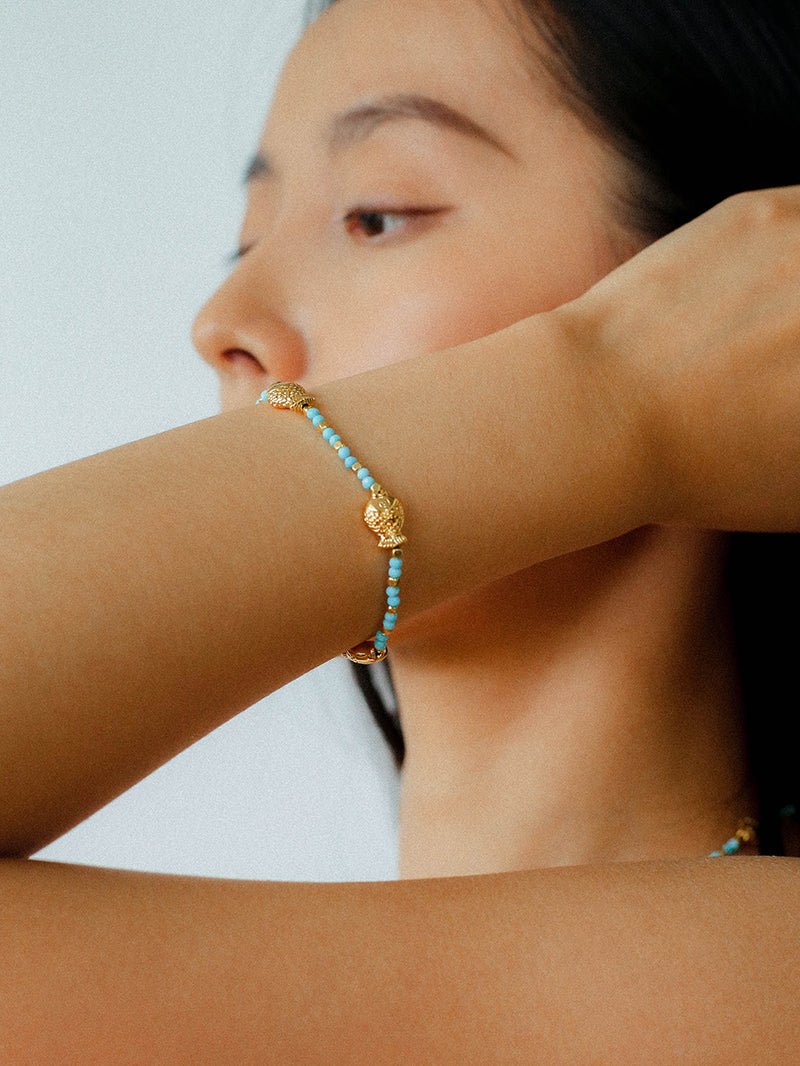 Carp Drift – Blue Turquoise & Golden Koi Beaded Bracelet with Bell Clasp - floysun