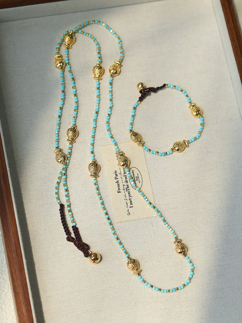 Carp Drift – Blue Turquoise & Golden Koi Beaded Bracelet with Bell Clasp - floysun