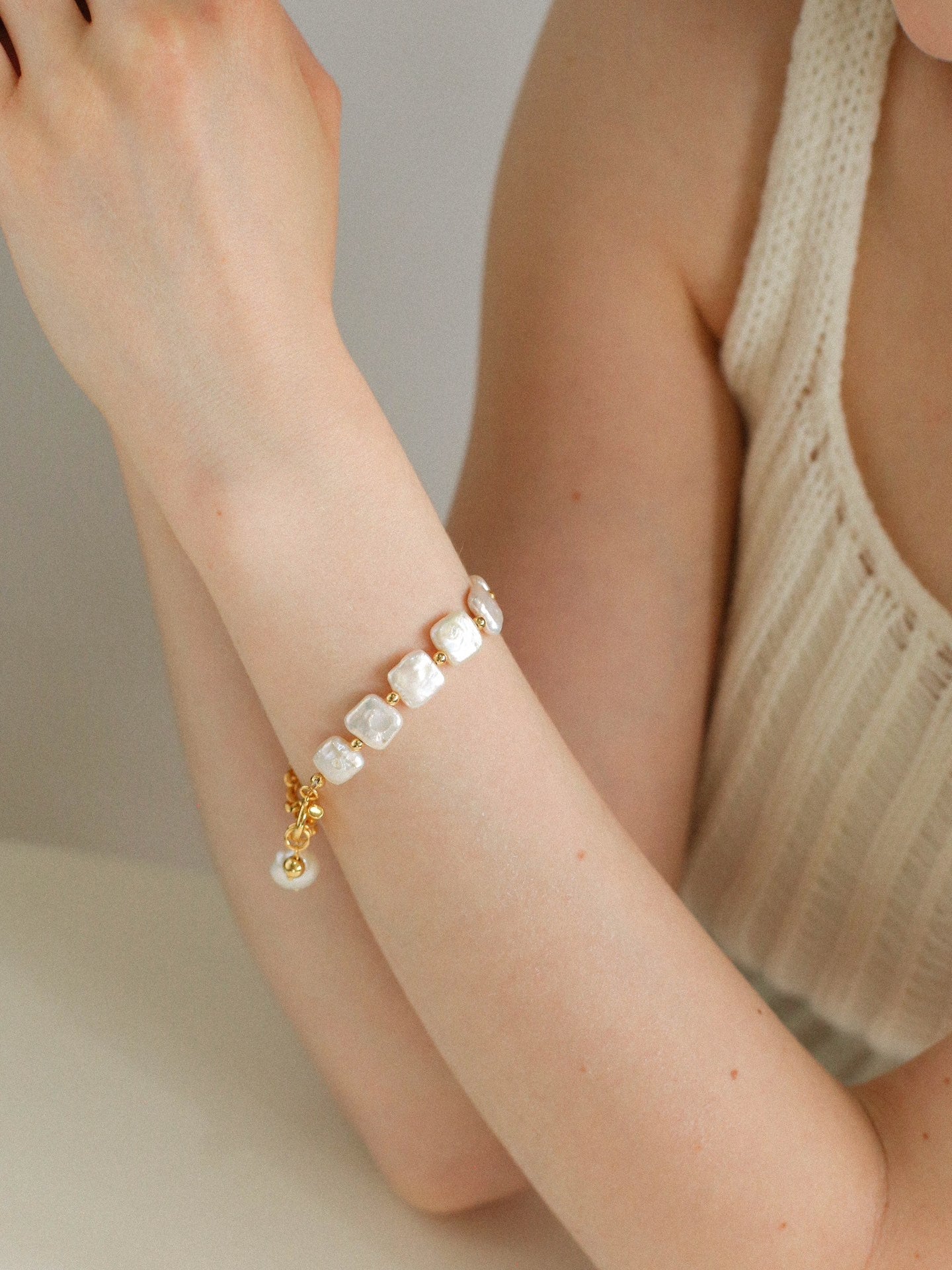 Chain Stitching Square Baroque Pearl Y Shaped Bracelet - floysun