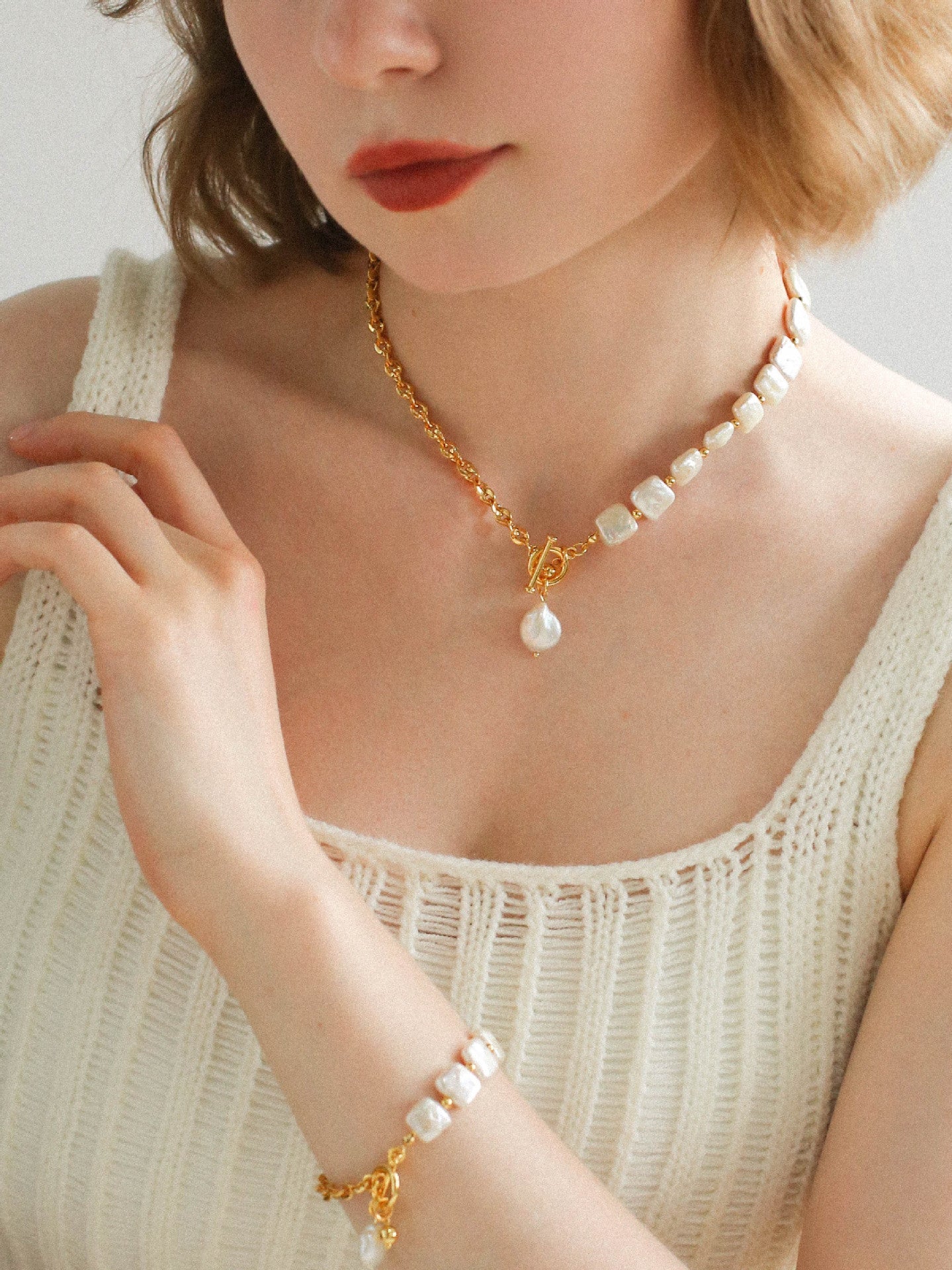 Chain Stitching Square Baroque Pearl Y Shaped Bracelet - floysun