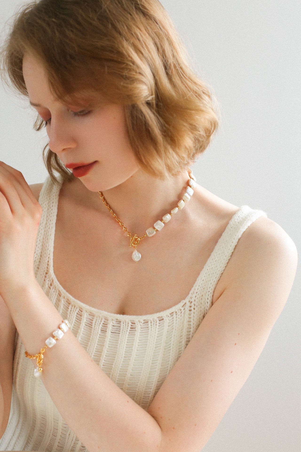 Chain Stitching Square Baroque Pearl Y Shaped Bracelet - floysun