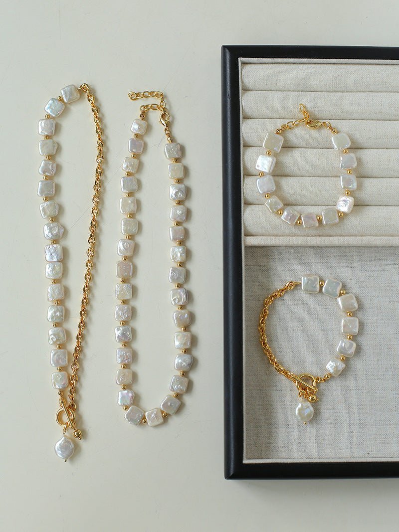 Chain Stitching Square Baroque Pearl Y Shaped Bracelet - floysun