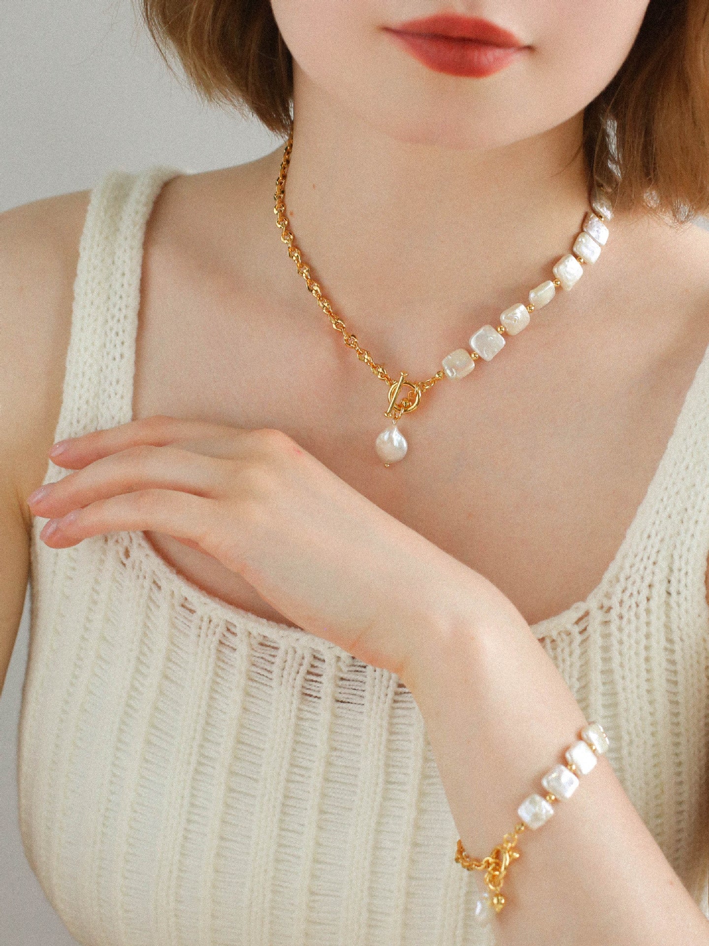 Chain Stitching Square Baroque Pearl Y Shaped Bracelet - floysun