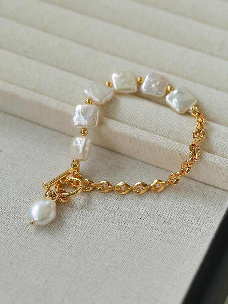 Chain Stitching Square Baroque Pearl Y Shaped Necklace - floysun