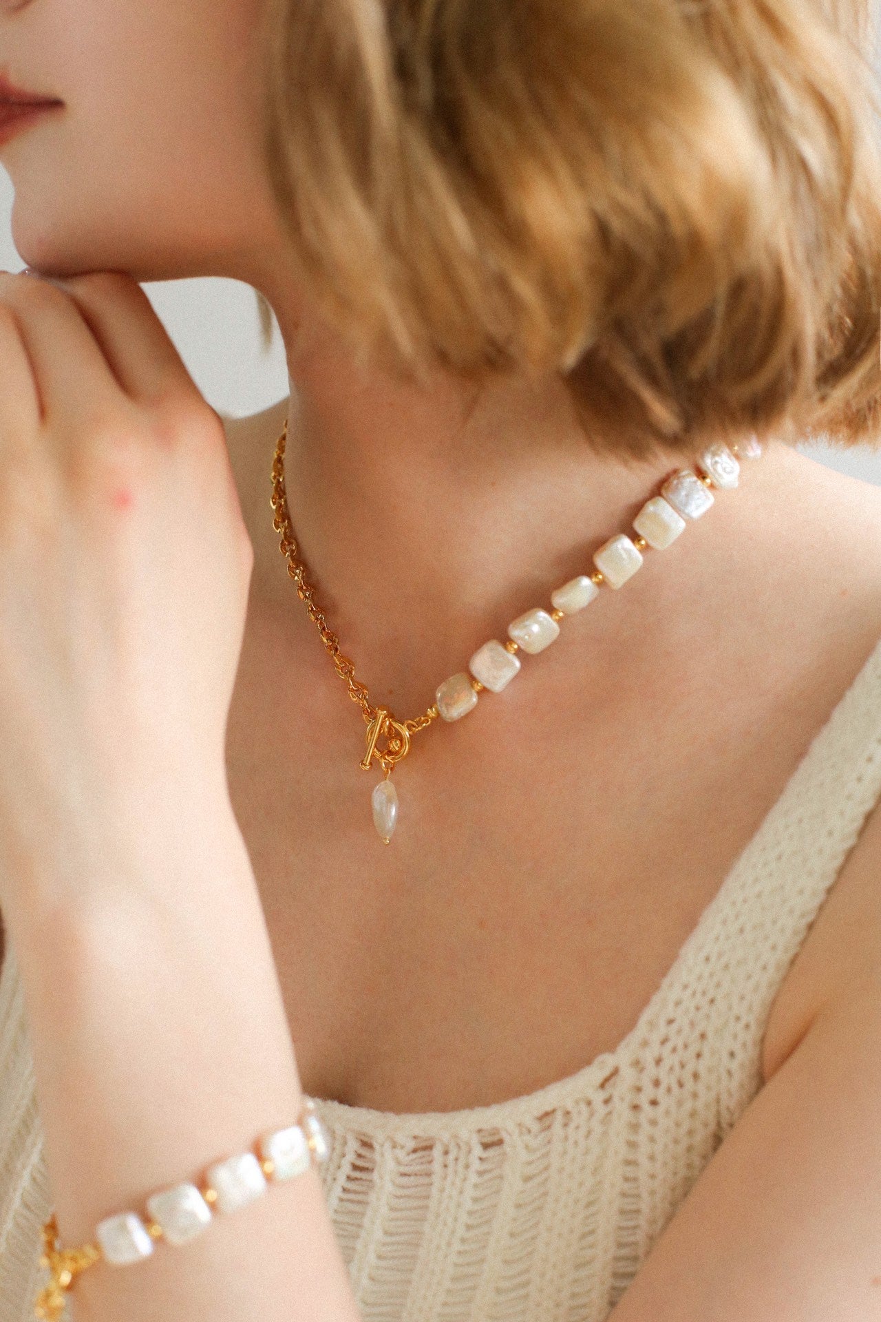 Chain Stitching Square Baroque Pearl Y Shaped Necklace - floysun