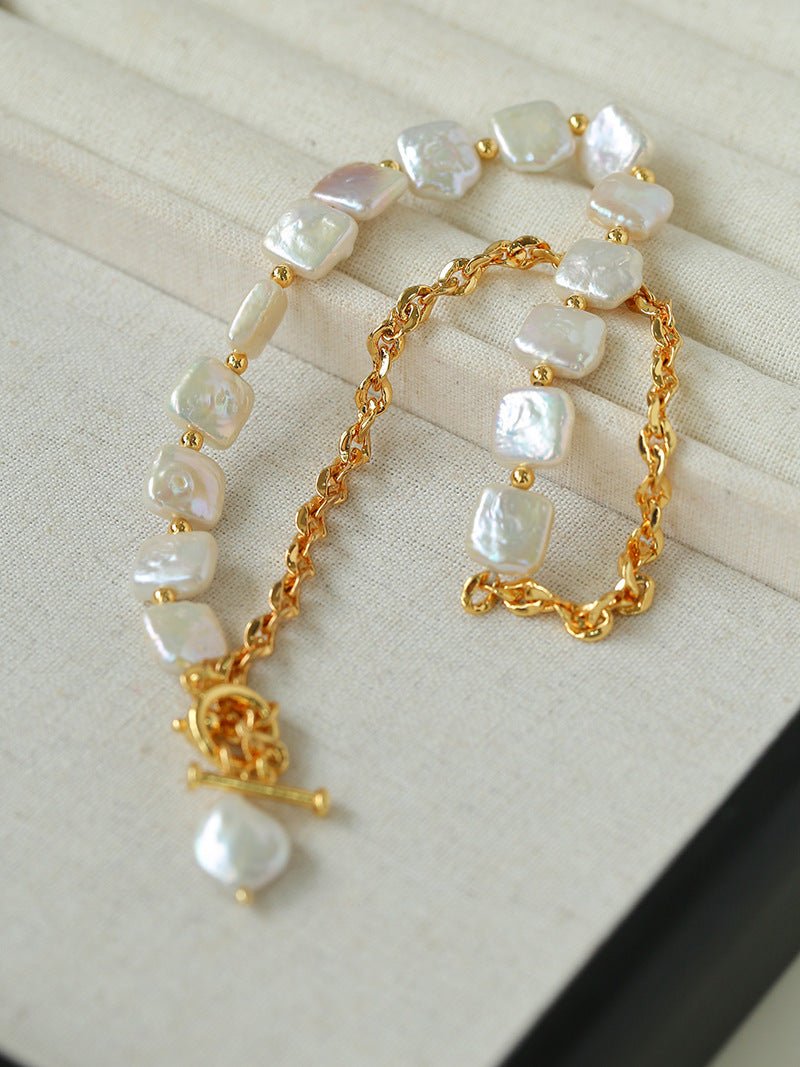 Chain Stitching Square Baroque Pearl Y Shaped Necklace - floysun