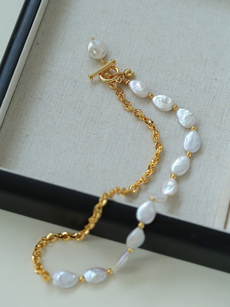 Chain Stitching Teardrop Baroque Pearl Y Shaped Necklace - floysun