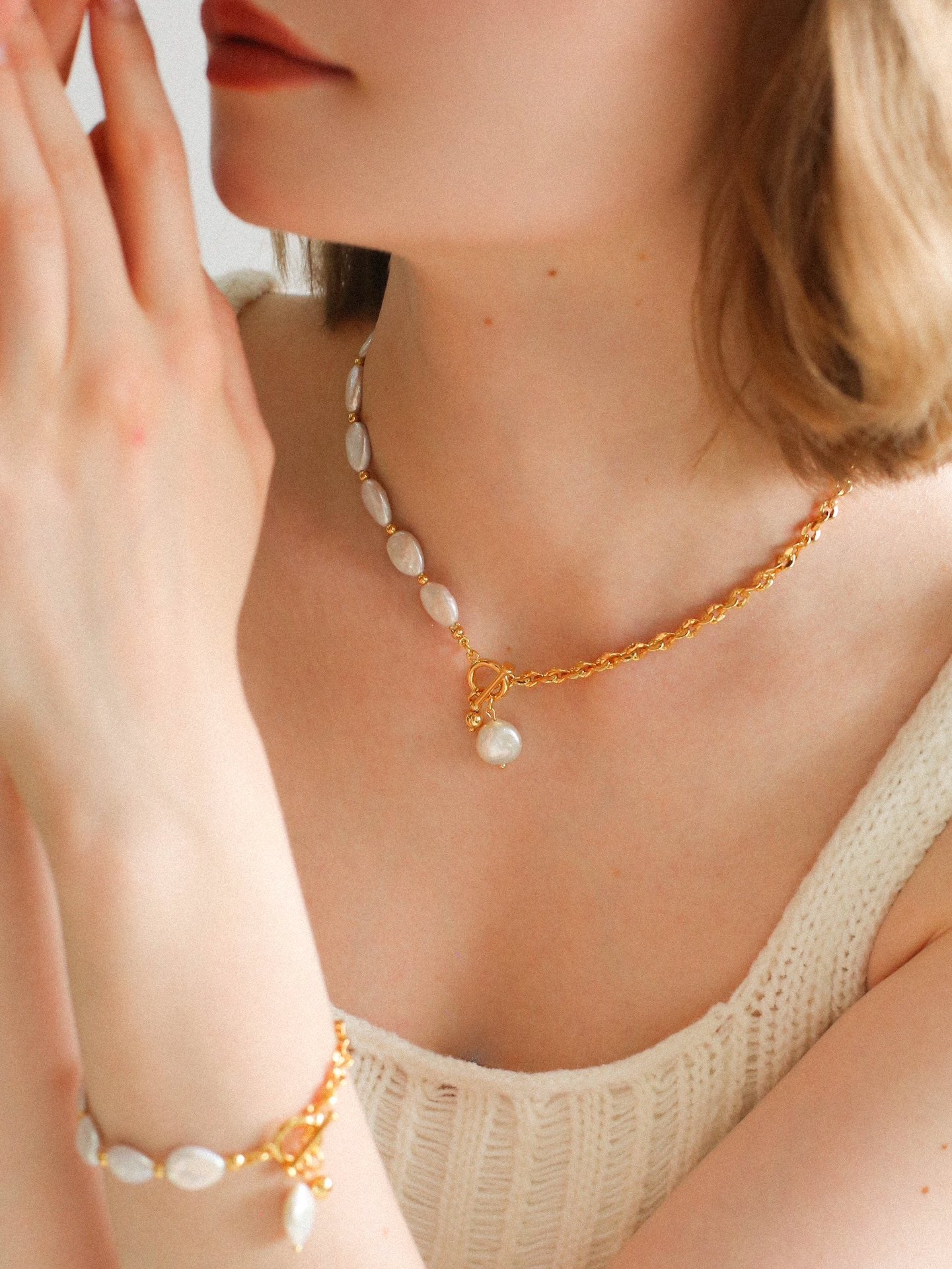 Chain Stitching Teardrop Baroque Pearl Y Shaped Necklace - floysun