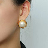 Chanel - Inspired Sunflower Cotton Pearl Stud Earrings - floysun