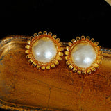 Chanel - Inspired Sunflower Cotton Pearl Stud Earrings - floysun