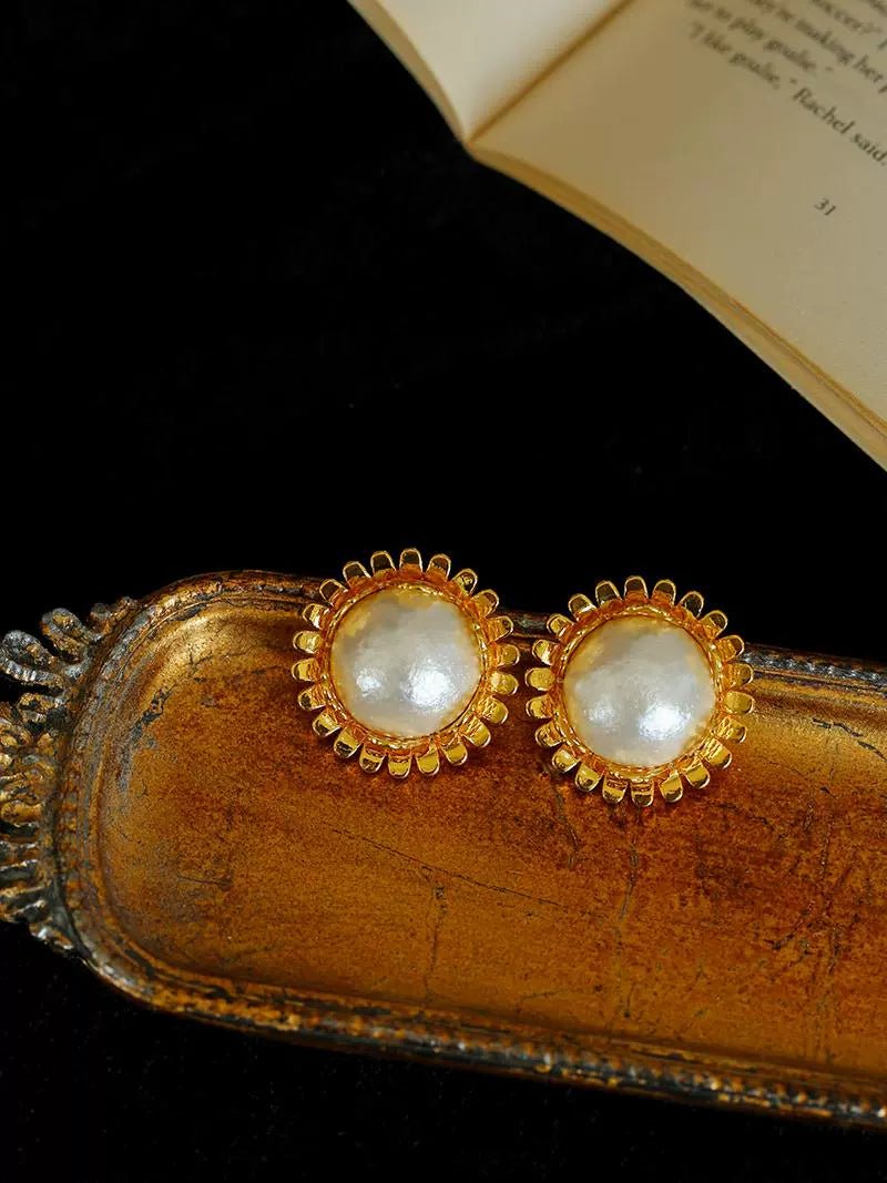 Chanel - Inspired Sunflower Cotton Pearl Stud Earrings - floysun
