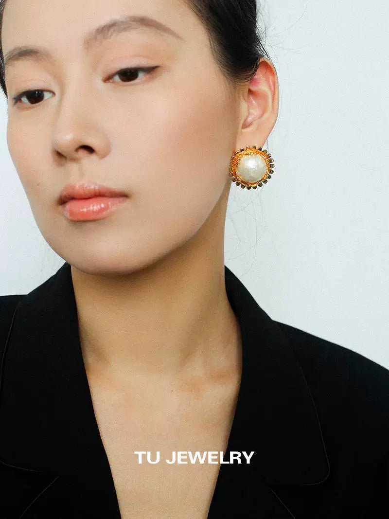 Chanel - Inspired Sunflower Cotton Pearl Stud Earrings - floysun