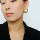 Chanel - Inspired Sunflower Cotton Pearl Stud Earrings - floysun