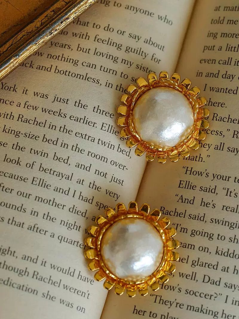Chanel - Inspired Sunflower Cotton Pearl Stud Earrings - floysun