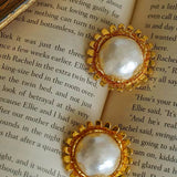 Chanel - Inspired Sunflower Cotton Pearl Stud Earrings - floysun
