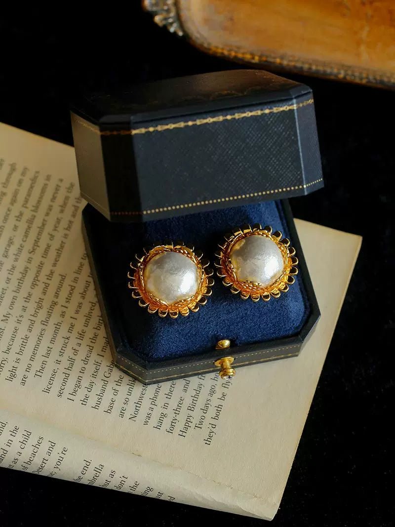 Chanel - Inspired Sunflower Cotton Pearl Stud Earrings - floysun