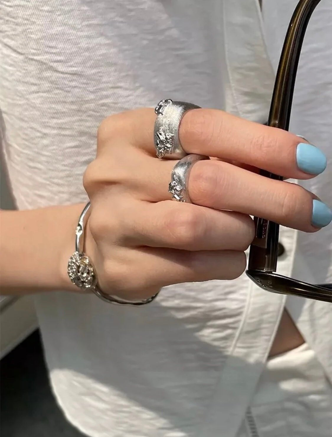 Clara Series Brushed Texture Square Sterling Silver Ring - floysun
