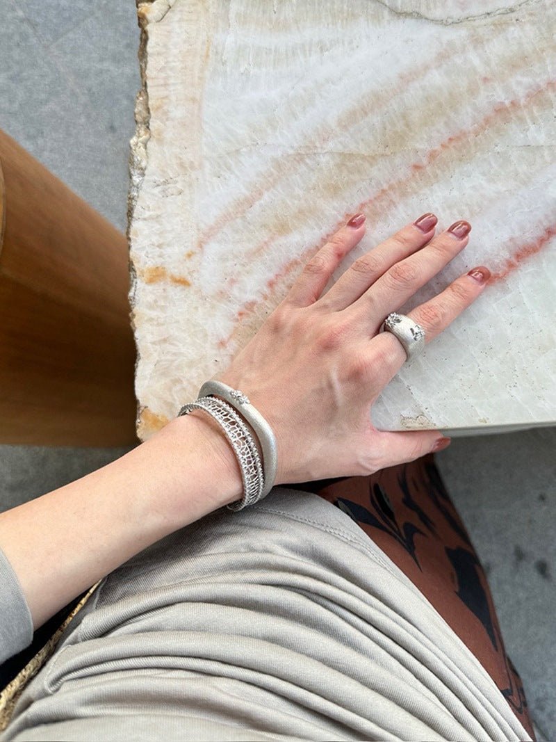 Clara Series Brushed Texture Square Sterling Silver Ring - floysun