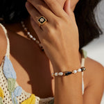 Classic Chanel - inspired Vintage Square Enamel Glazed Pearl Open Ring - floysun