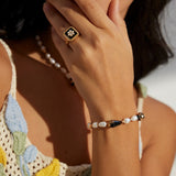 Classic Chanel - inspired Vintage Square Enamel Glazed Pearl Open Ring - floysun