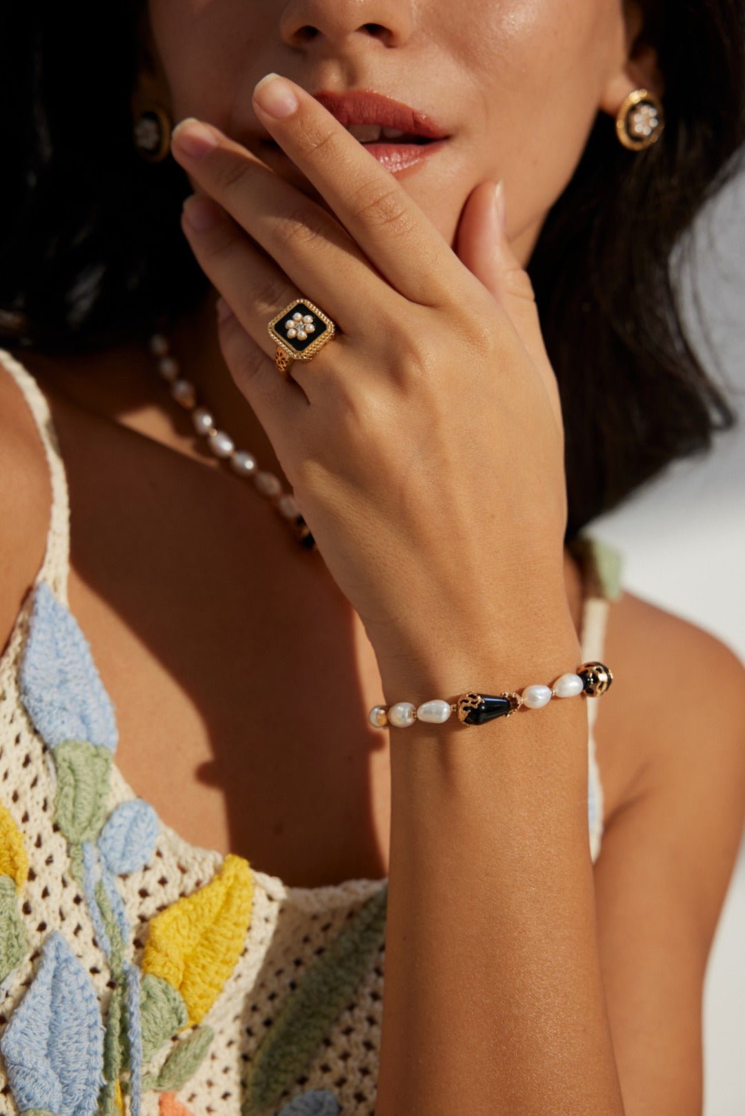 Classic Chanel - inspired Vintage Square Enamel Glazed Pearl Open Ring - floysun