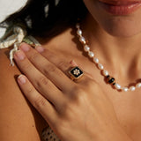 Classic Chanel - inspired Vintage Square Enamel Glazed Pearl Open Ring - floysun