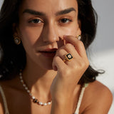 Classic Chanel - inspired Vintage Square Enamel Glazed Pearl Open Ring - floysun