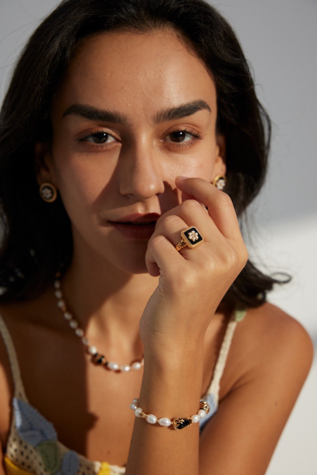 Classic Chanel - inspired Vintage Square Enamel Glazed Pearl Open Ring - floysun