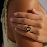 Classic Chanel - inspired Vintage Square Enamel Glazed Pearl Open Ring - floysun